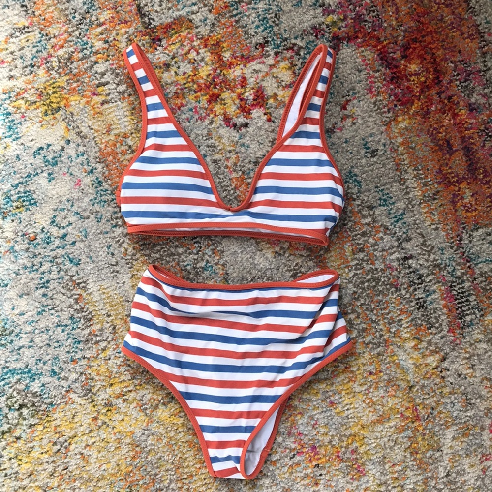 small red/white/blue striped high wasted bikini